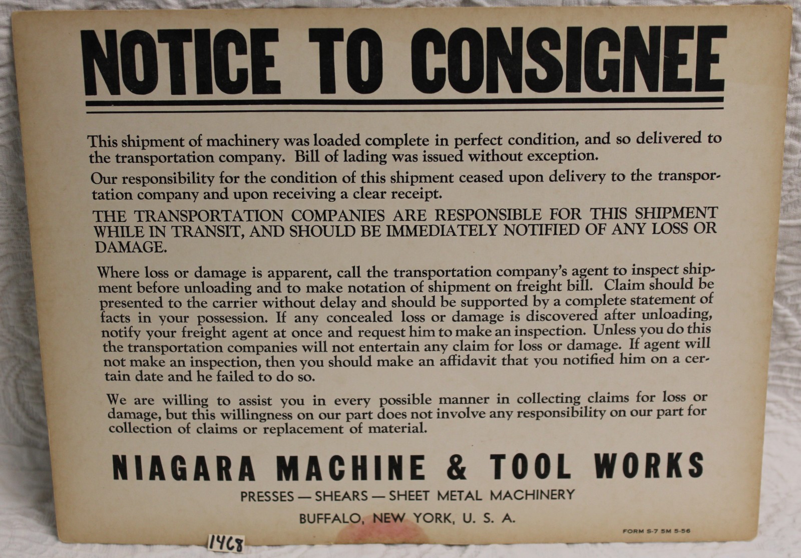 Original 1956 NIAGARA MACHINE & TOOL WORKS Card Stock Shipping Notice SHIPS FREE Original 1956 NIAGARA MACHINE & TOOL WORKS Card Stock Shipping Notice SHIPS FREE