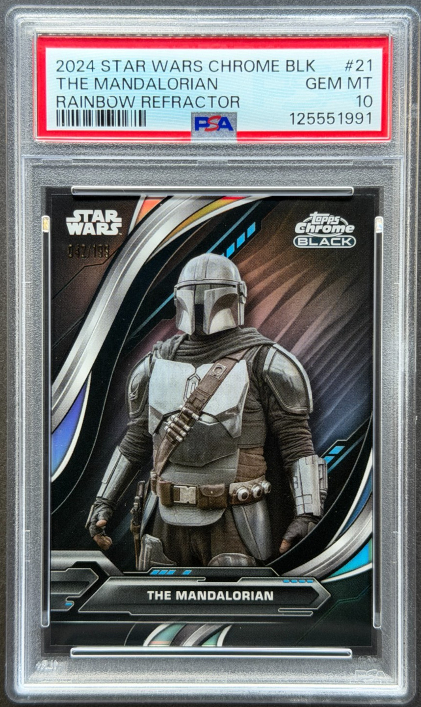 The Mandalorian 2024 Topps Chrome Black Star Wars #21 Rainbow Refractor 42/199 The Mandalorian 2024 Topps Chrome Black Star Wars #21 Rainbow Refractor 42/199