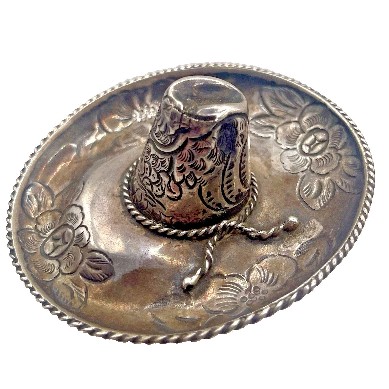 Vintage Estate SANBORNS Mexican 925 Sterling Etched Floral & Eagle Sombrero Vintage Estate SANBORNS Mexican 925 Sterling Etched Floral & Eagle Sombrero
