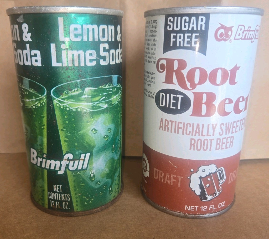 Vintage Brimfull Steel Soda Pop cans Lemon Lime and Diet Root Beer Empty Vintage Brimfull Steel Soda Pop cans Lemon Lime and Diet Root Beer Empty