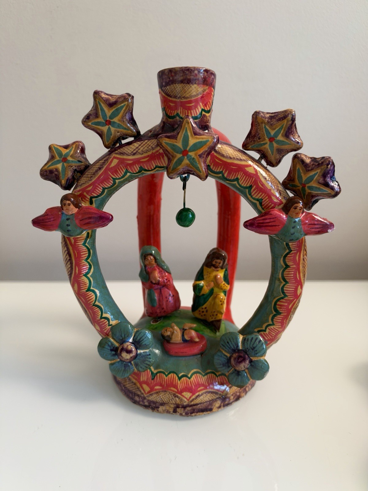 Vintage Tree of Life Nativity Candle Holder Clay Pottery Folk Art Handmade