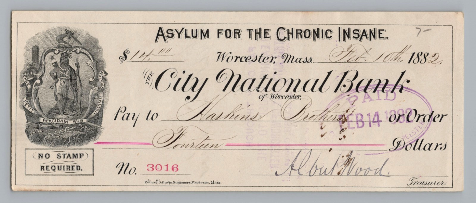 1882 Bank Check ASYLUM FOR THE CHRONIC INSANE Worcester MA - Nice 1882 Bank Check ASYLUM FOR THE CHRONIC INSANE Worcester MA - Nice