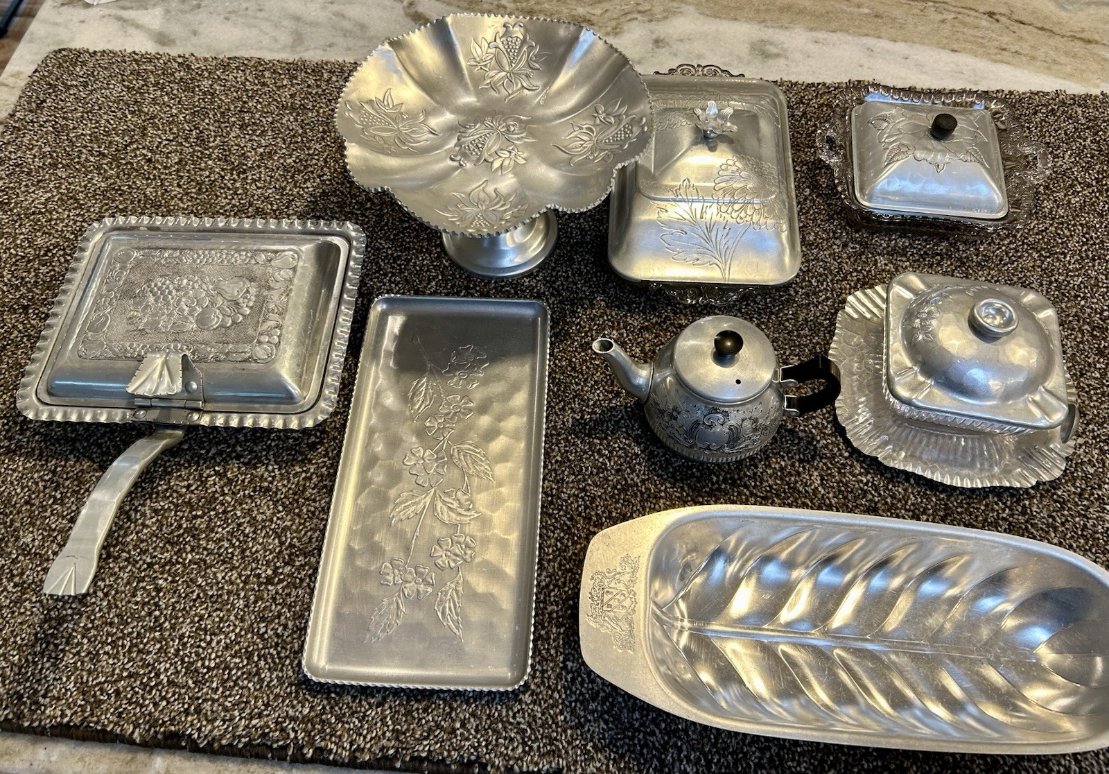 Vintage Hammered Aluminum Serving Ware Lot 8 Pc MCM Mixed Brands USA England