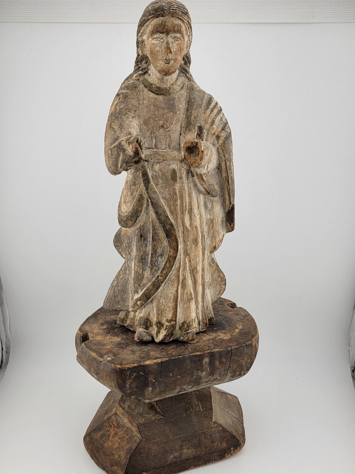 Antique 1700\'s carved wood polychromed religious Santos Mary sculpture statue.
