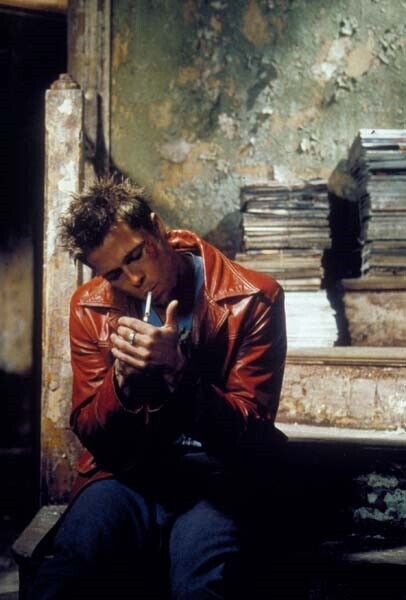 Brad Pitt in red leather jacket lights cigarette Fight Club 24x36 inch poster