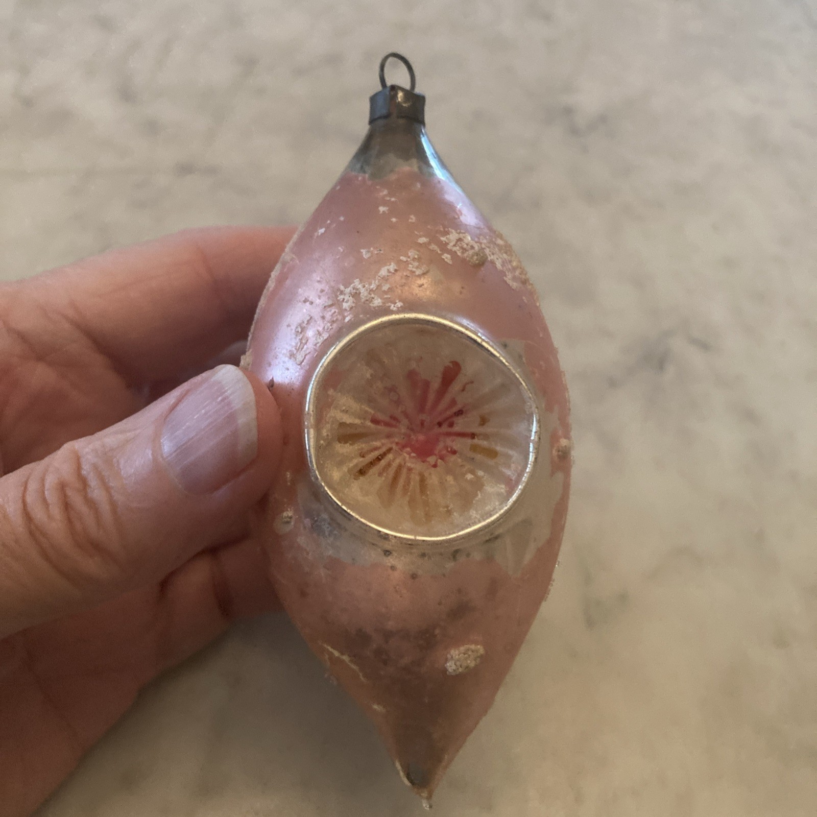 Antique German Teardrop Polka Dot Mercury Glass Mica Indent Ornament Vintage