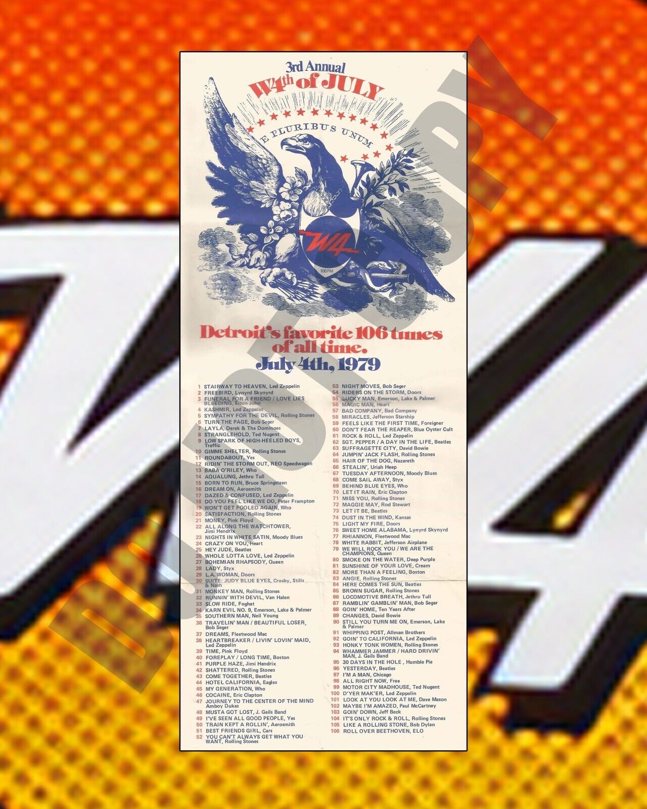 July 1979 W4 Radio Station Detroit 4th of July Favorite Tunes List 8x10 Photo