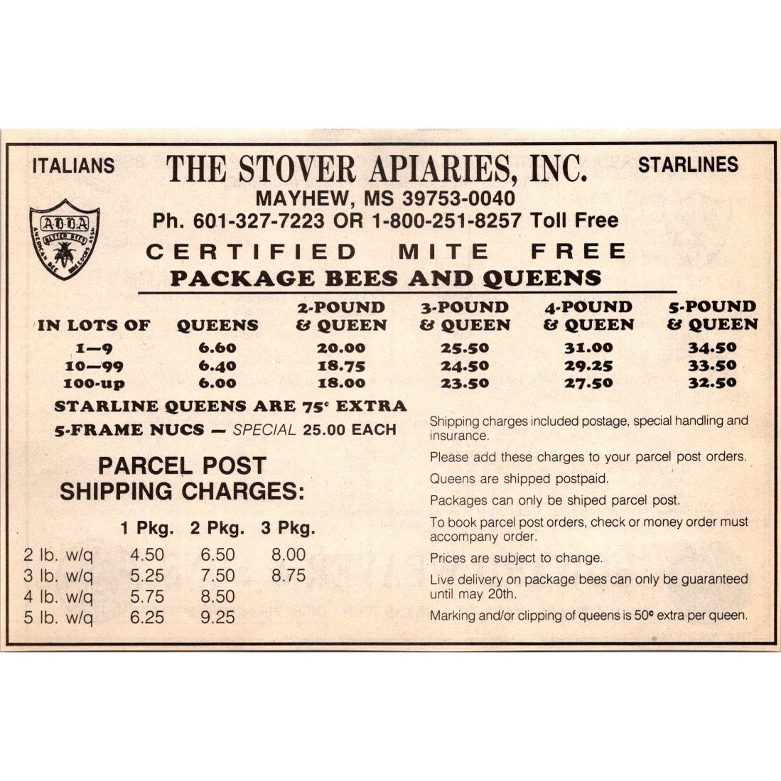 The Stover Apiaries Inc Package Bees Queens Mayhew MS 1985 Beekeeping Ad SAJ3-4 The Stover Apiaries Inc Package Bees Queens Mayhew MS 1985 Beekeeping Ad SAJ3-4