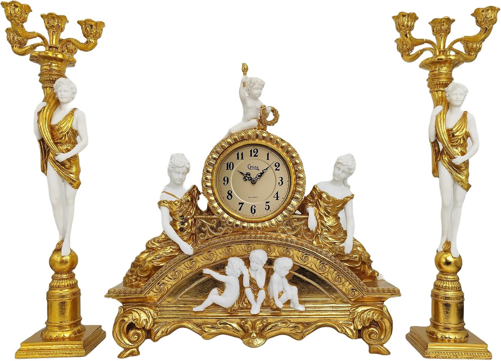 Vintage French Mantel Clock Set with Enamel Dial and Candleholders, 29 Inch Vintage French Mantel Clock Set with Enamel Dial and Candleholders, 29 Inch