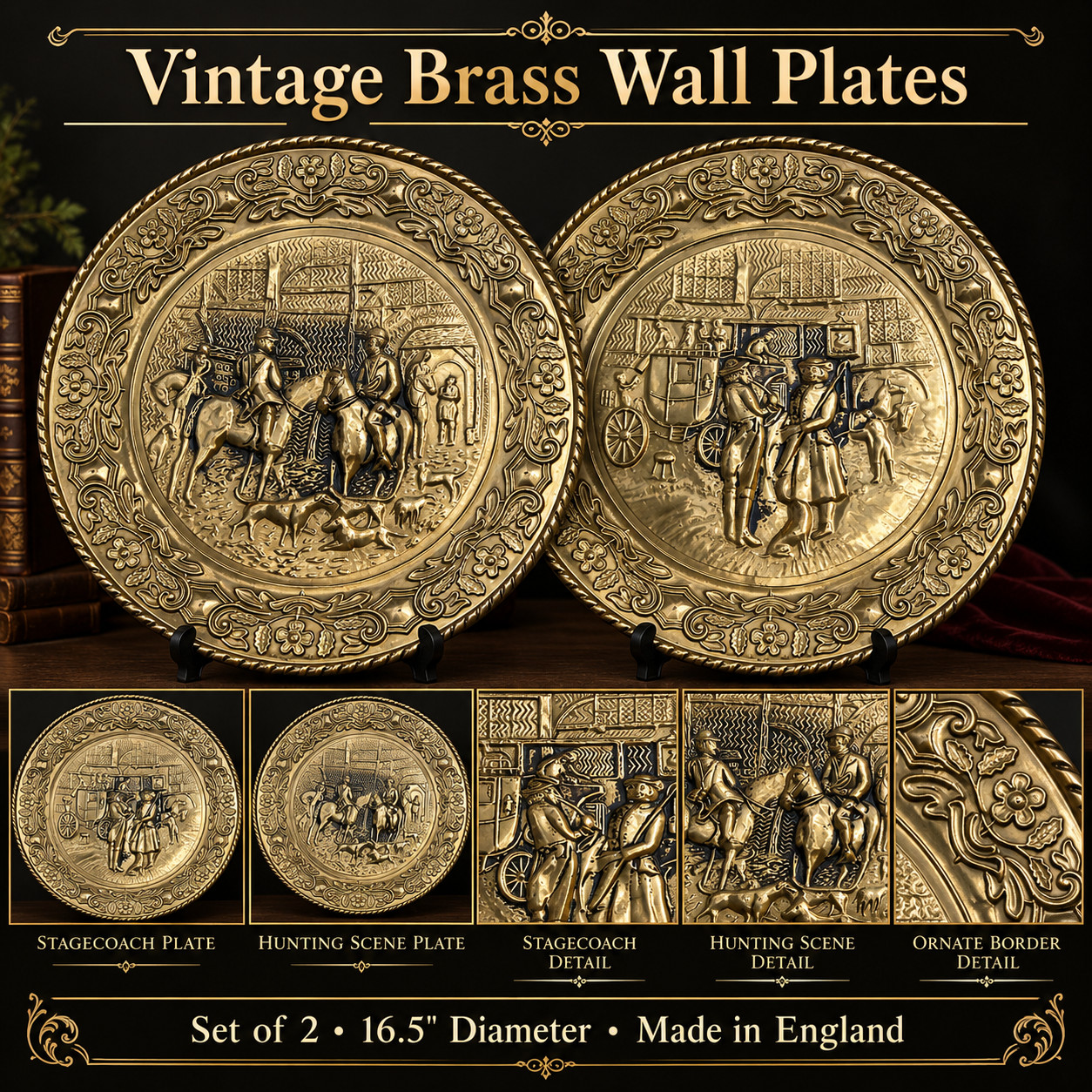 Vintage Set 2 Embossed Brass Wall Plates Hunting Stagecoach 16.5" England Vintage Set 2 Embossed Brass Wall Plates Hunting Stagecoach 16.5" England