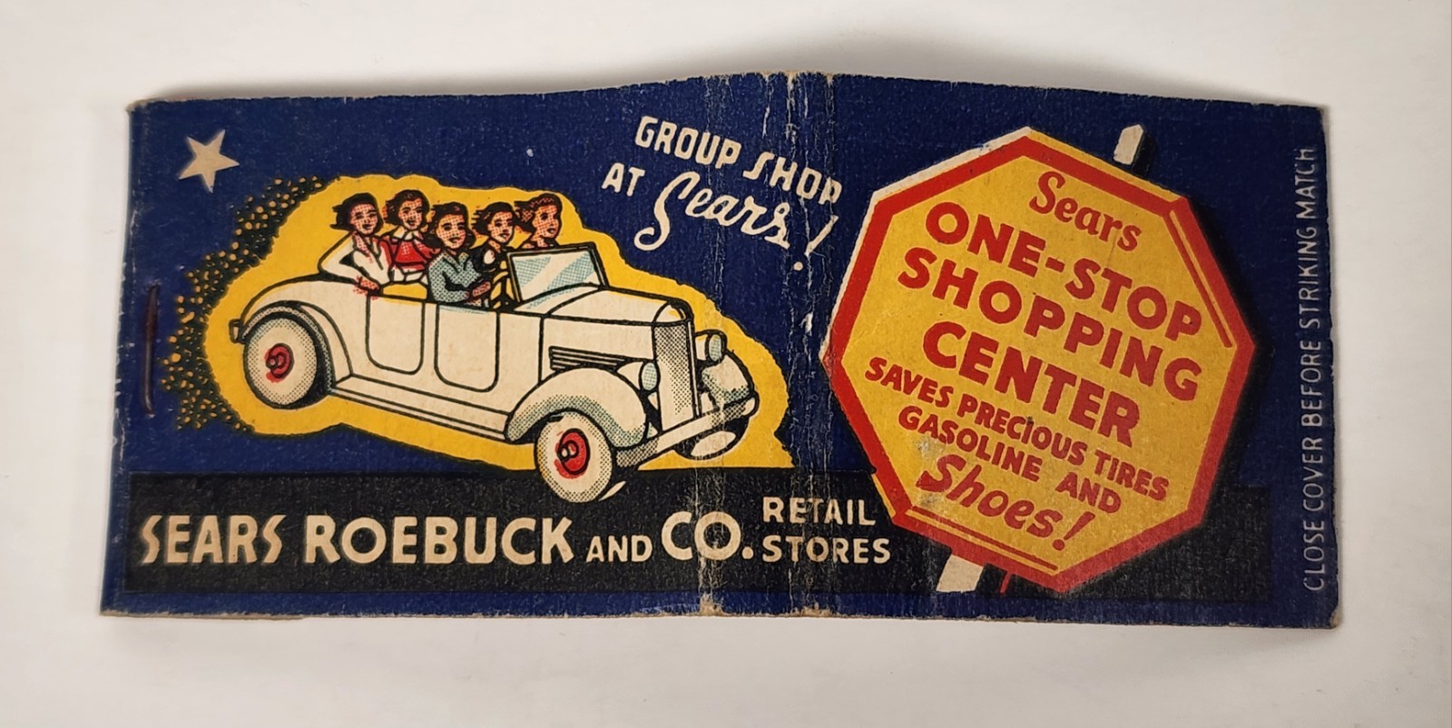 Vtg Matchbook 1940 Sears Roebuck Co Star Shopping Classic Car Group Front Strike