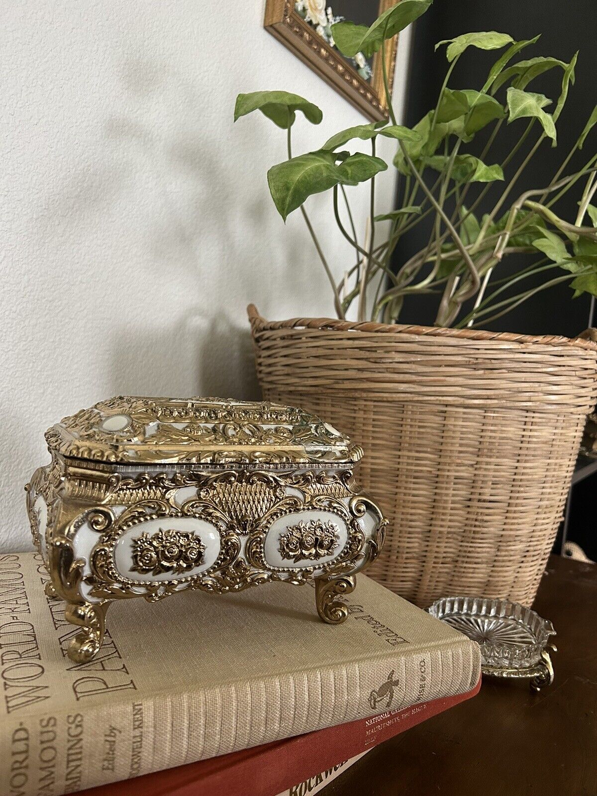 Vintage Art Nouveau Jewelry Casket Trinket Box White Gold Tone Ornate Japan