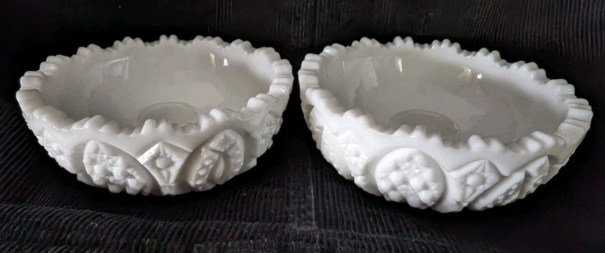 Vtg 60s Pair LE Smith White Milk Glass Arch & Cain Candle Holders #366 Hvy 4.5"W