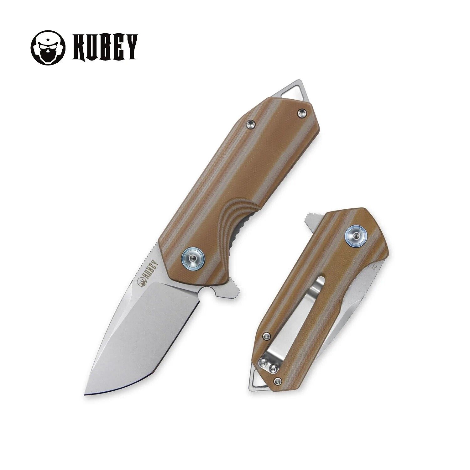 Kubey Campe Flipper Folding Knife Striped Beige G10 Handle D2 Plain Edge KU203F