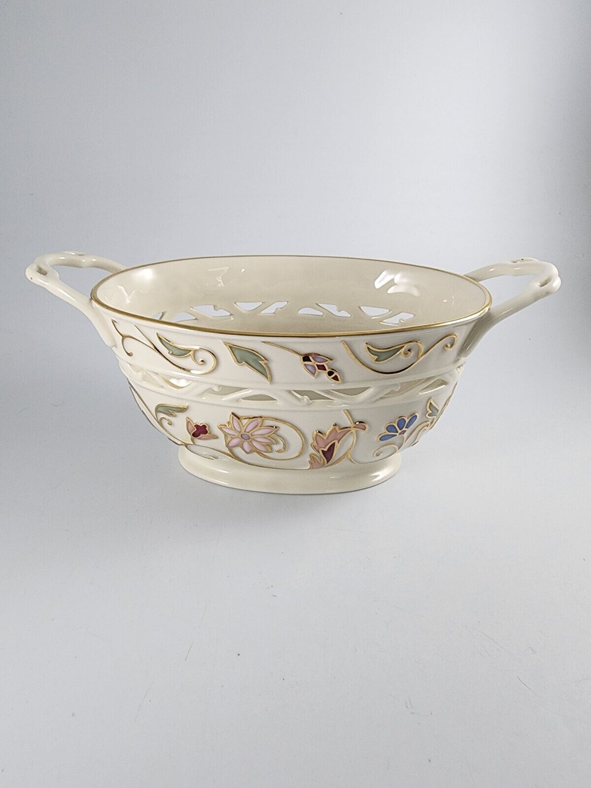 Lenox Gilded Garden Off White Floral Gold Trim Porcelain Basket Bowl Medium
