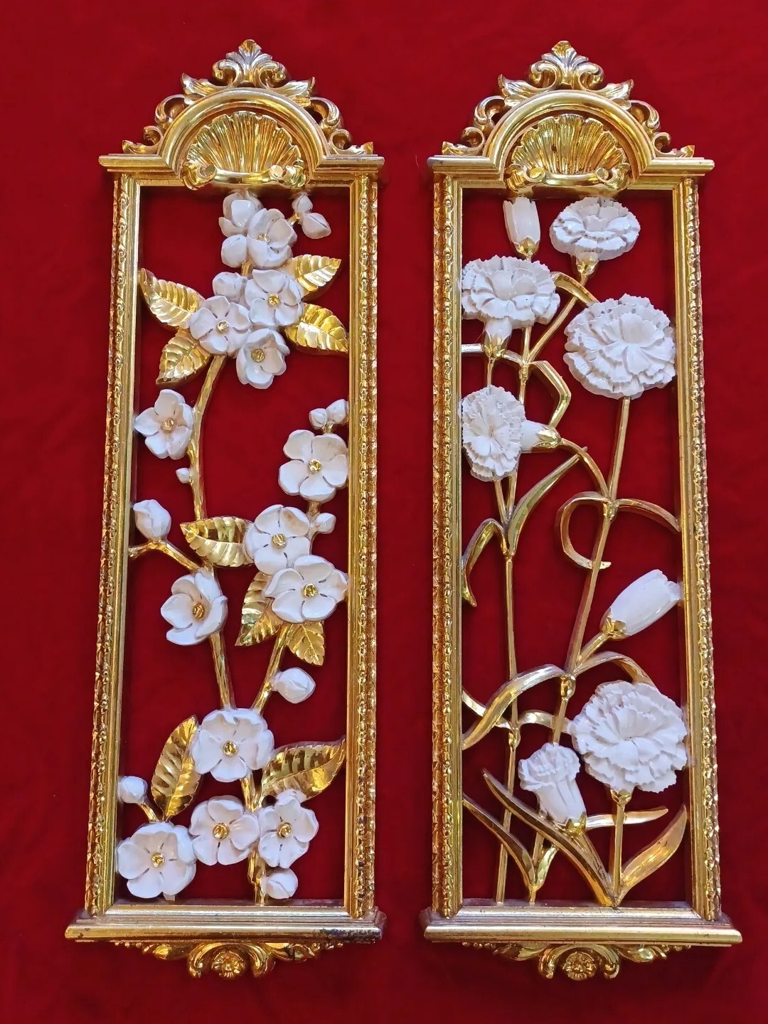 Vintage Set 2 3D Flowers Gold White Wall Plaque Hollywood Regency MCM 22" READ