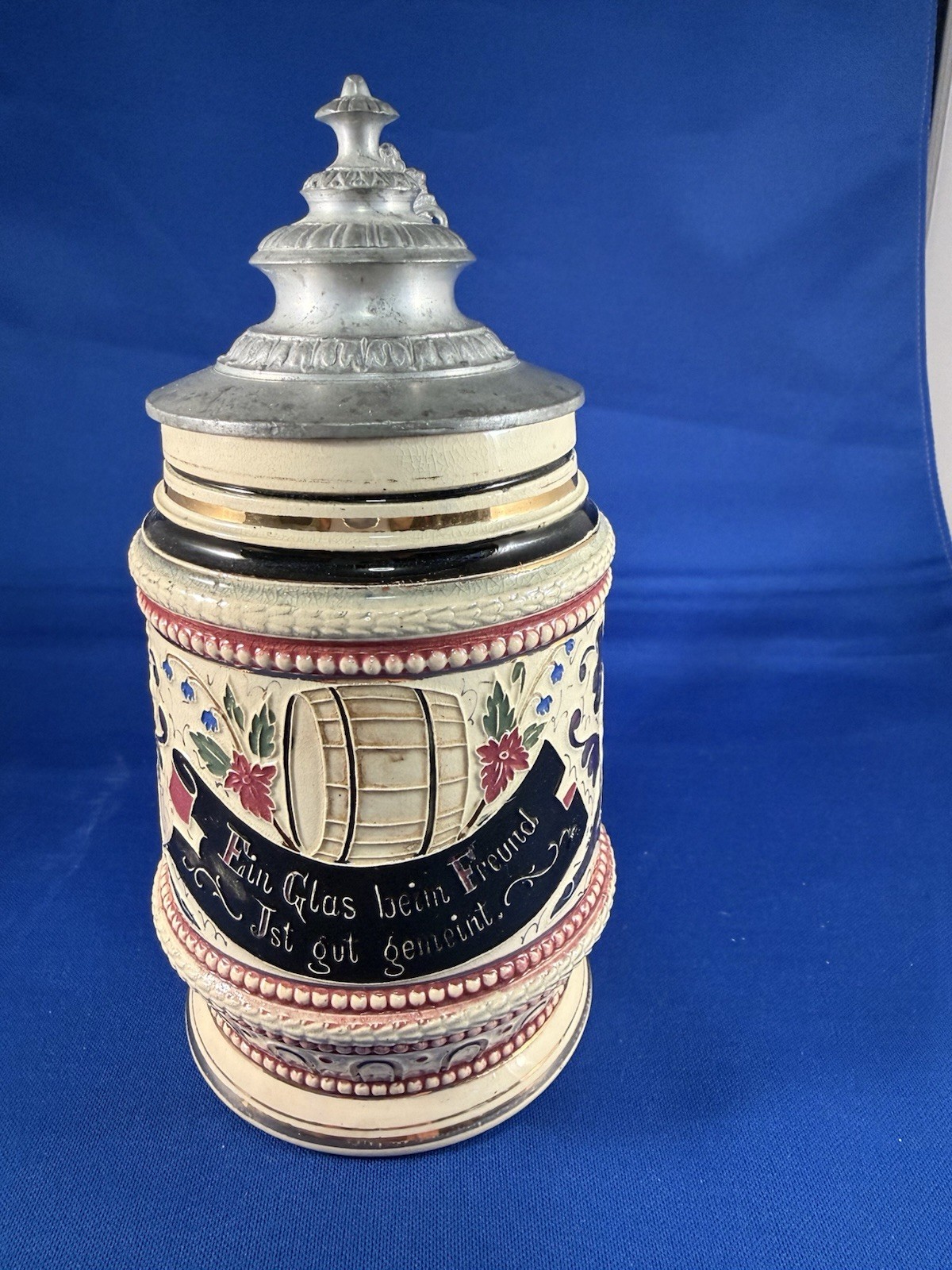 Antique German 1/4L Beer Stein Pewter Lid Barrel Floral #1256 c.1900 Antique German 1/4L Beer Stein Pewter Lid Barrel Floral #1256 c.1900