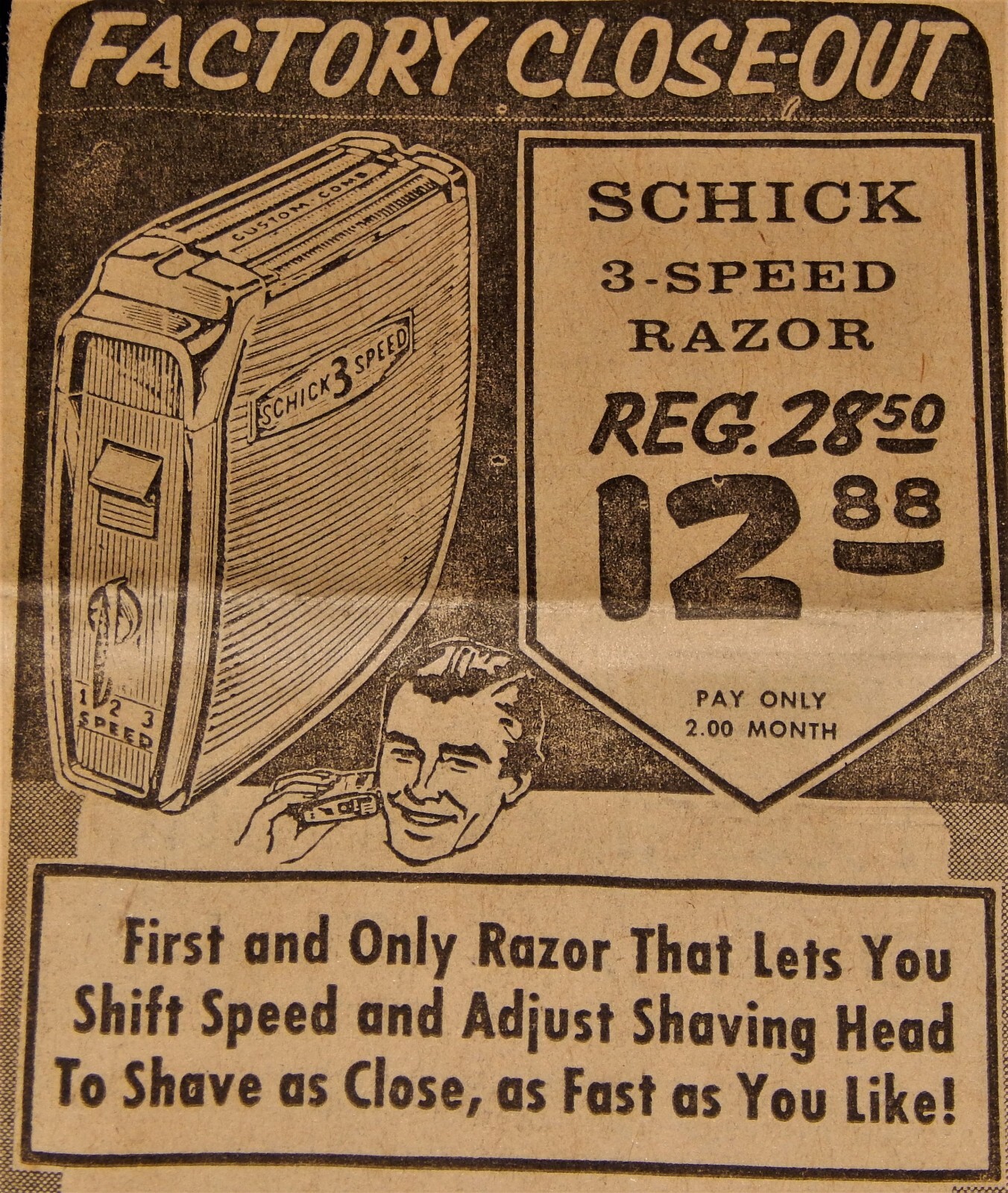Vintage Advertisement,WA,1962, SCHICK 3 SPEED ELECTRIC RAZOR,"Factory Close-Out" Vintage Advertisement,WA,1962, SCHICK 3 SPEED ELECTRIC RAZOR,"Factory Close-Out"
