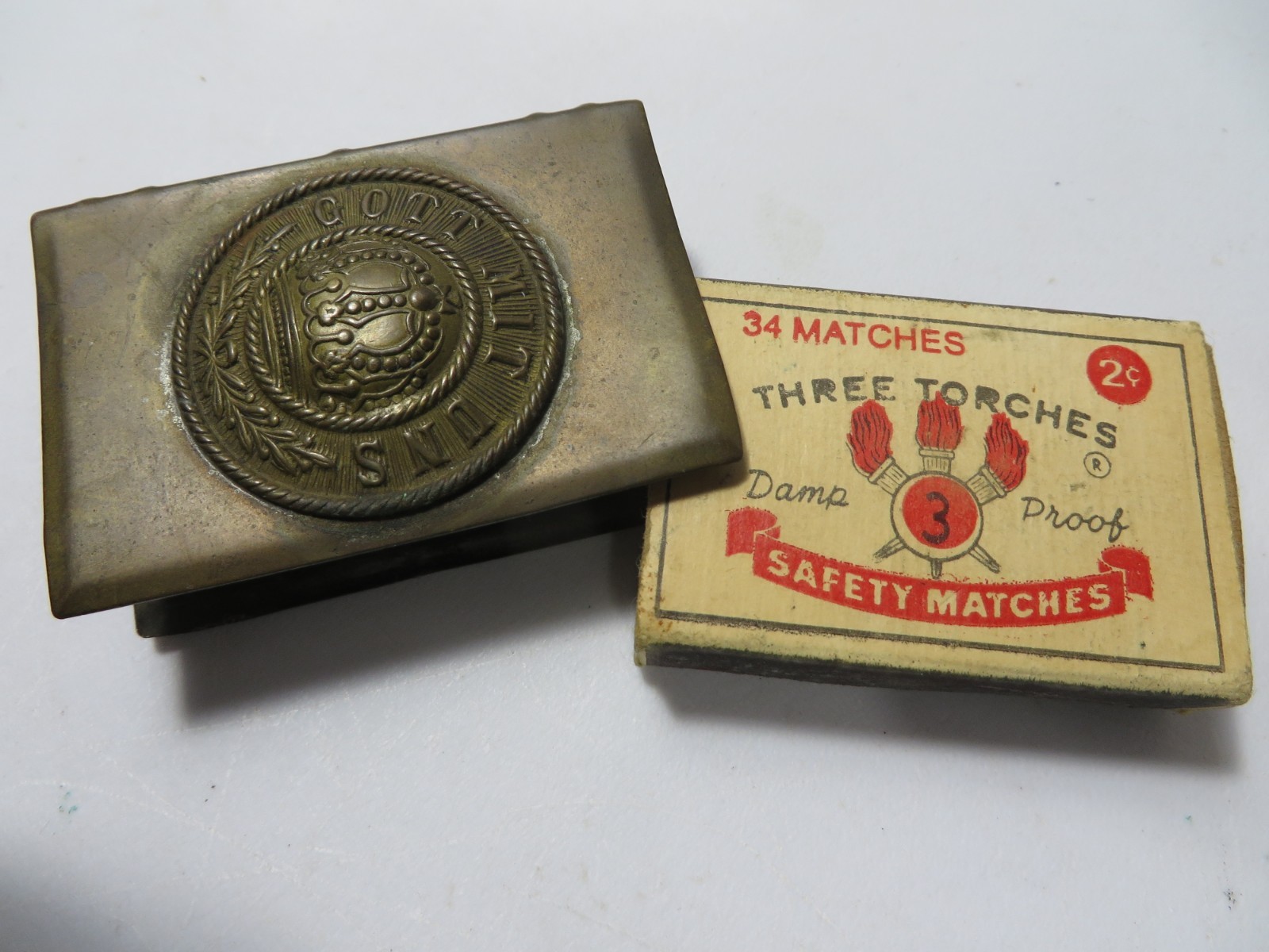 WWI Imperial German Trench Art Matchbox Holder + Vintage Three Torches Matches