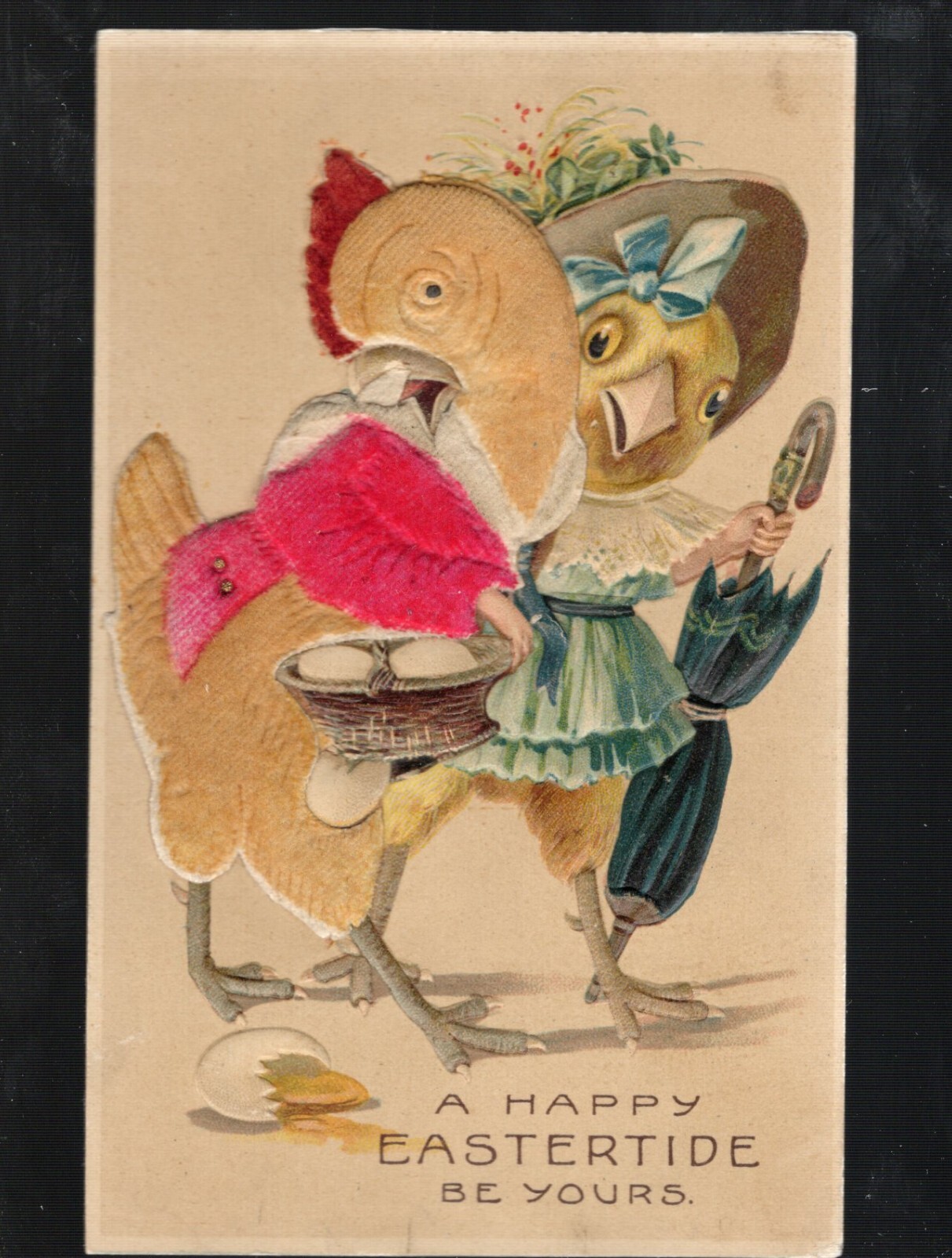 E101 Easter Antique Postcard Dressed Fabric Attached Chicks Egg Basket Umbrella E101 Easter Antique Postcard Dressed Fabric Attached Chicks Egg Basket Umbrella