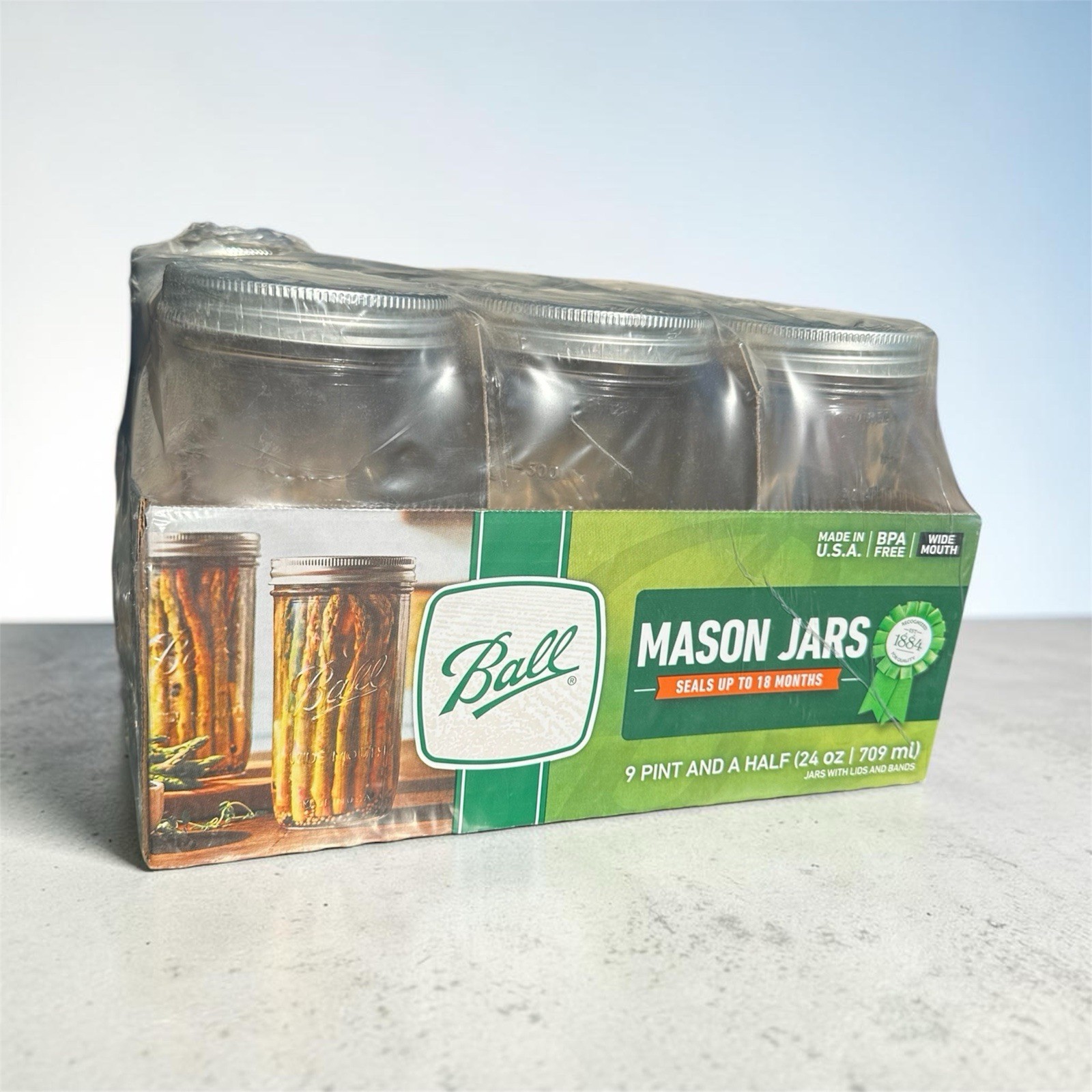 NEW Ball Mason Jar 24 oz Pint And A Half Sealed Case Of 9 Glass Discontinued
