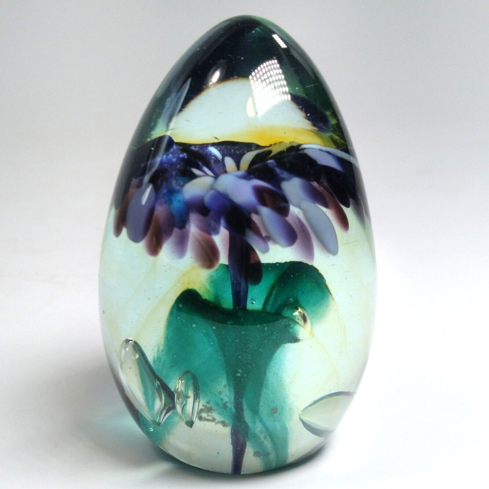 MSH Mount St Helen Glass Egg Iridescent Purple White Flower Green Leaf Signed 82