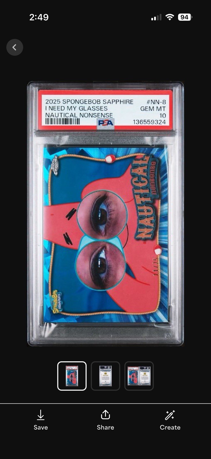 Topps 2025 SpongeBob Sapphire Nautical Nonsense NN-8 I Need My Glasses PSA 10