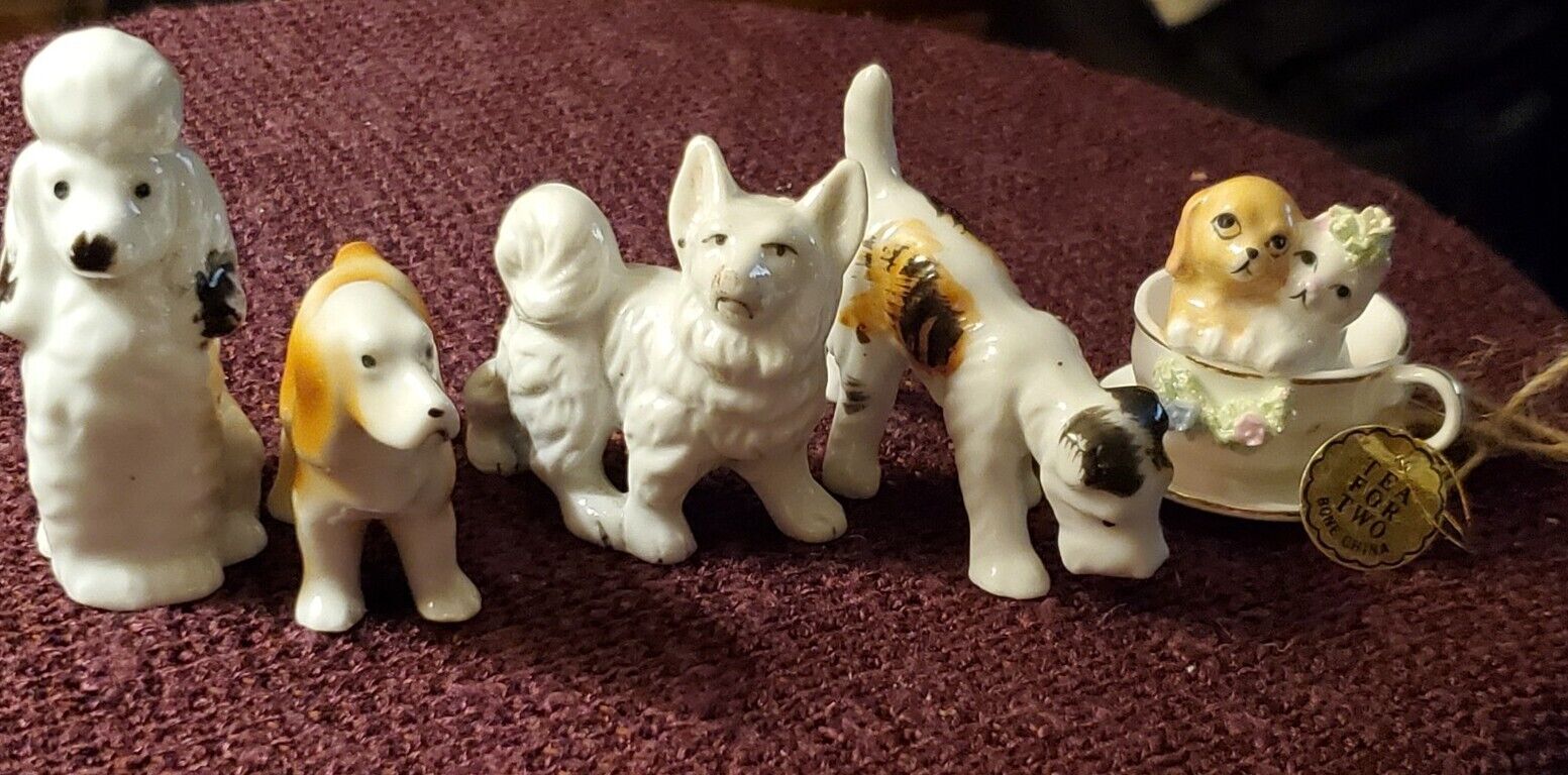 Lot 5 Vintage Porcelain Dogs Japan Taiwan and Napcoware Tea for Two Dog and Cat