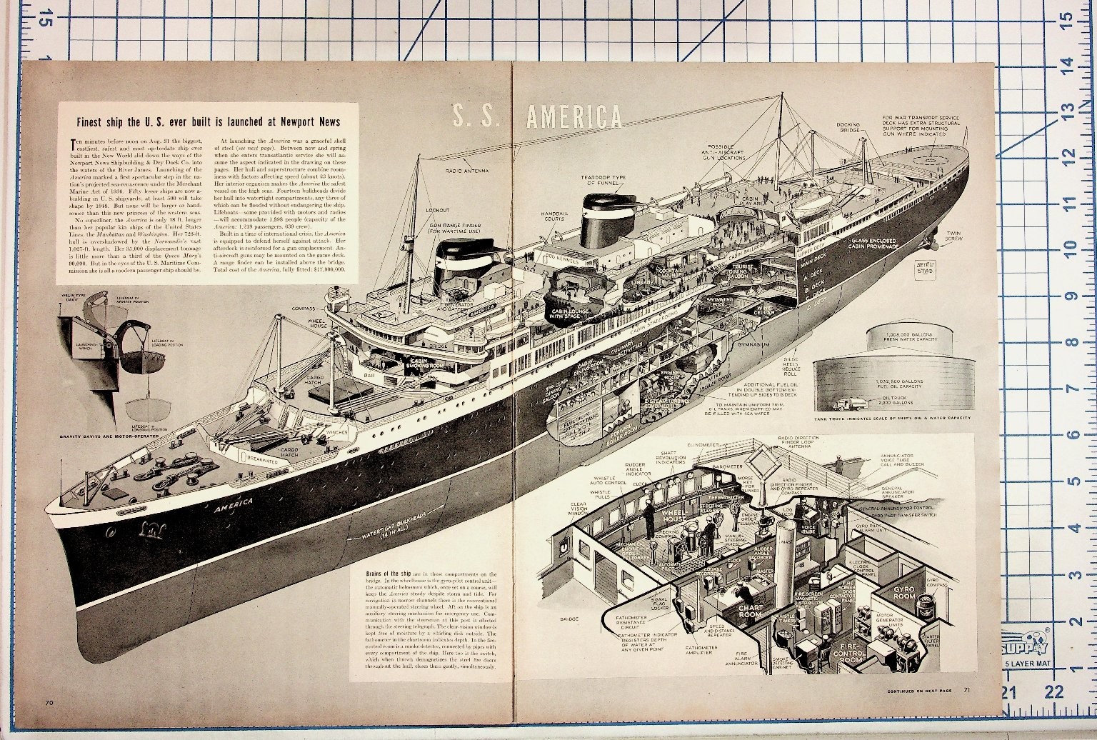 SS America Ship Cutaway Diagram 1939 Magazine Article Newport News VTG Ephemera