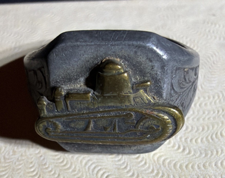 WWII WWI US Army Tank Corps Trench Art Aluminum Brass Renault FT Tank Ring WWII WWI US Army Tank Corps Trench Art Aluminum Brass Renault FT Tank Ring