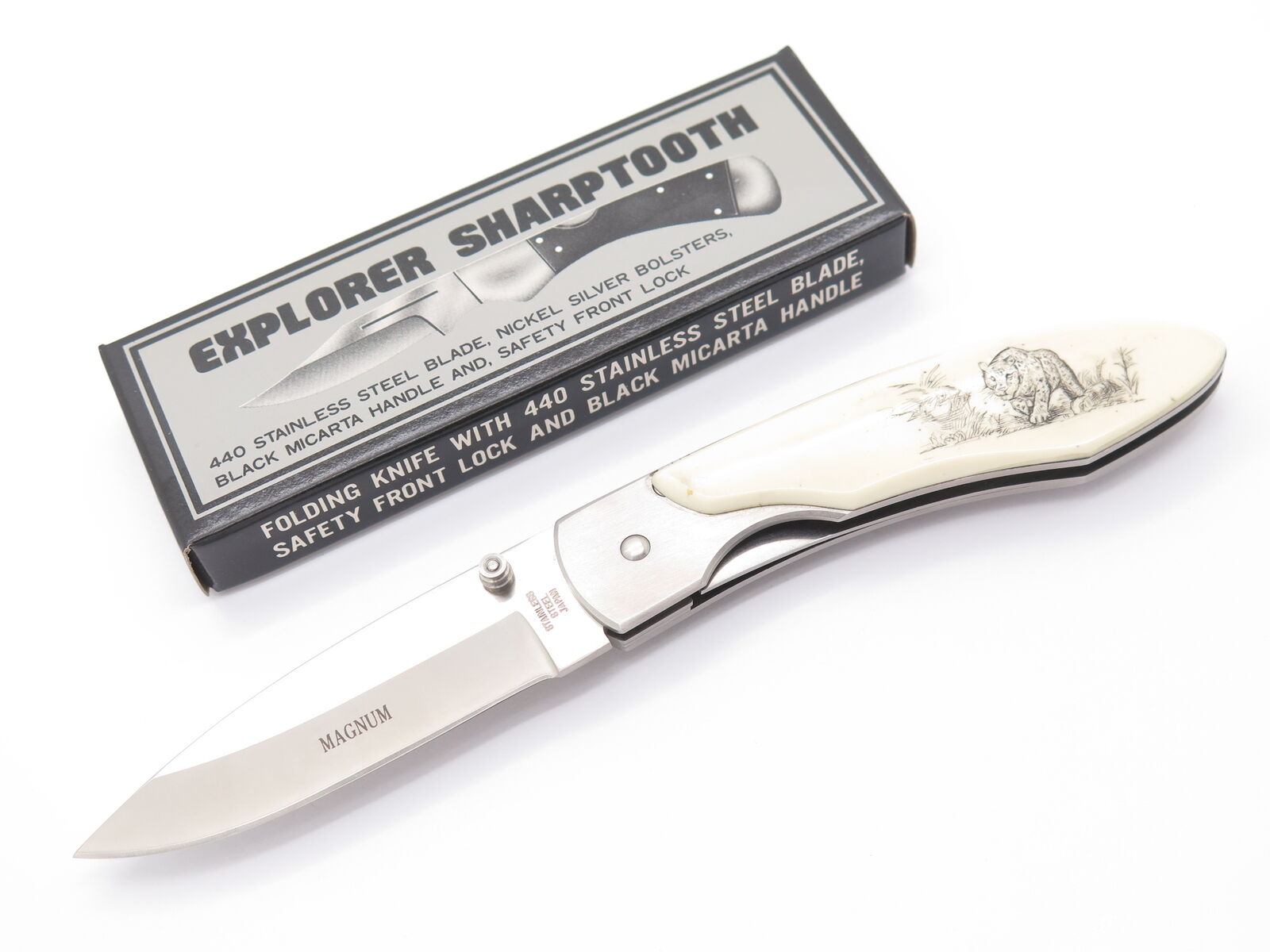 Vintage 1990s Explorer G. Sakai Seki Japan Jaguar Scrimshaw Folding Pocket Knife