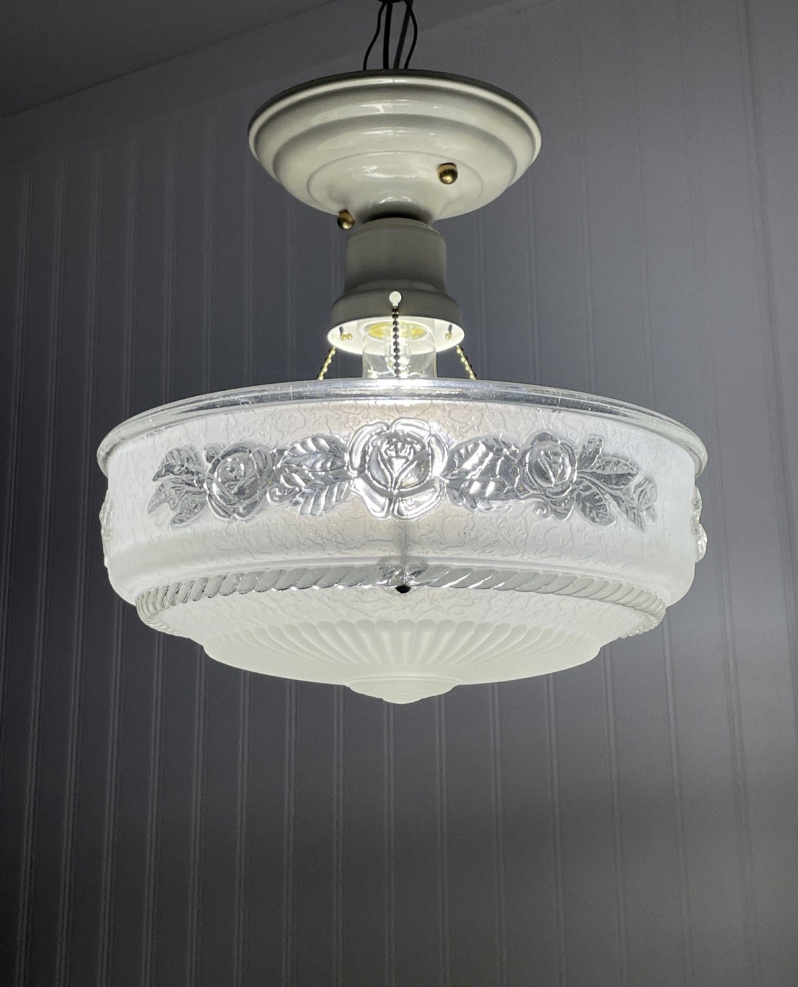 RESTORED Vtg White Semi Flush Mount Glass Ceiling Light Art Deco 1920s 1930 1940 RESTORED Vtg White Semi Flush Mount Glass Ceiling Light Art Deco 1920s 1930 1940
