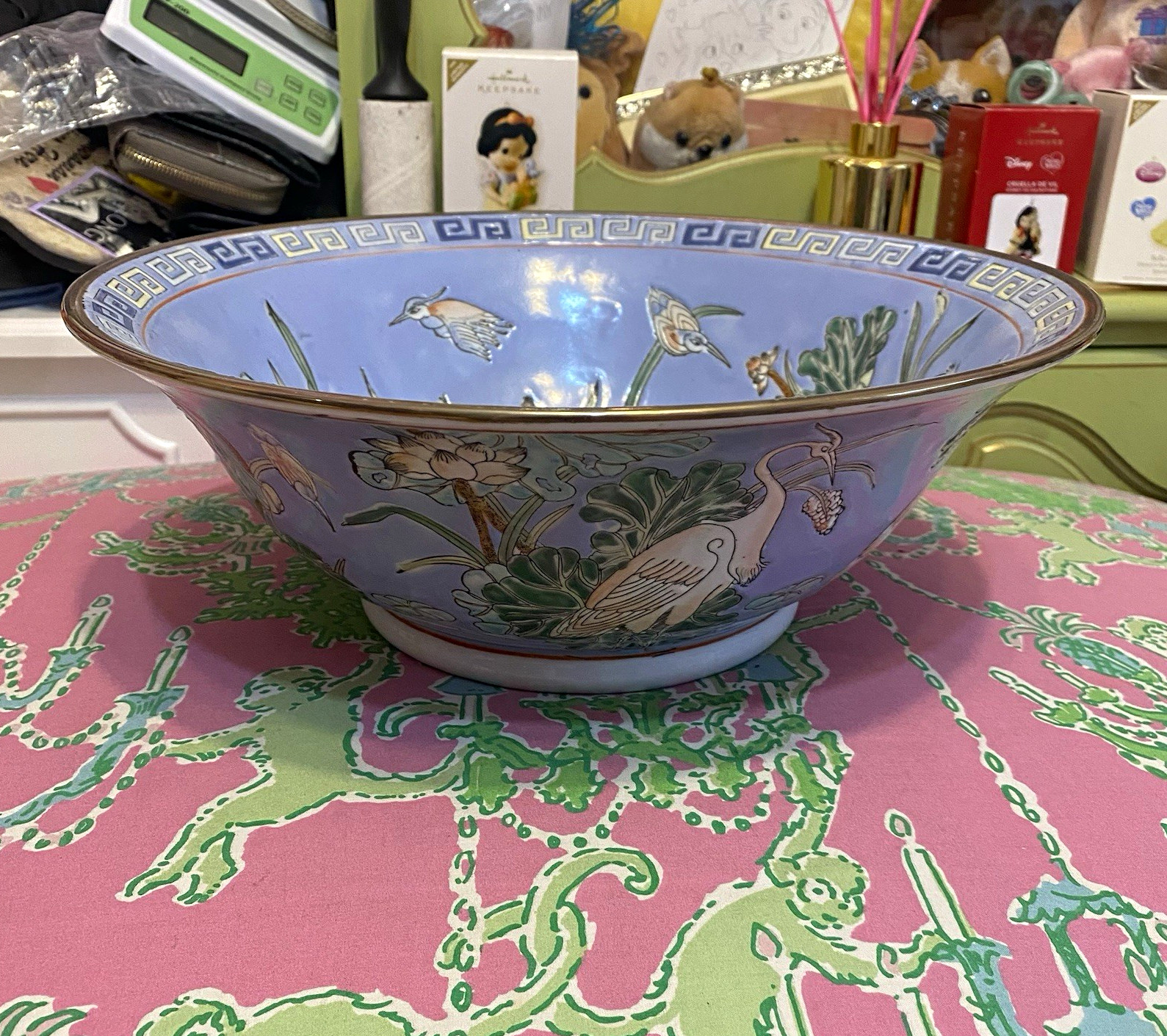 Vintage Blue Crane Floral Large Chinoiserie Chinese Stamped Bowl Macau Vintage Blue Crane Floral Large Chinoiserie Chinese Stamped Bowl Macau