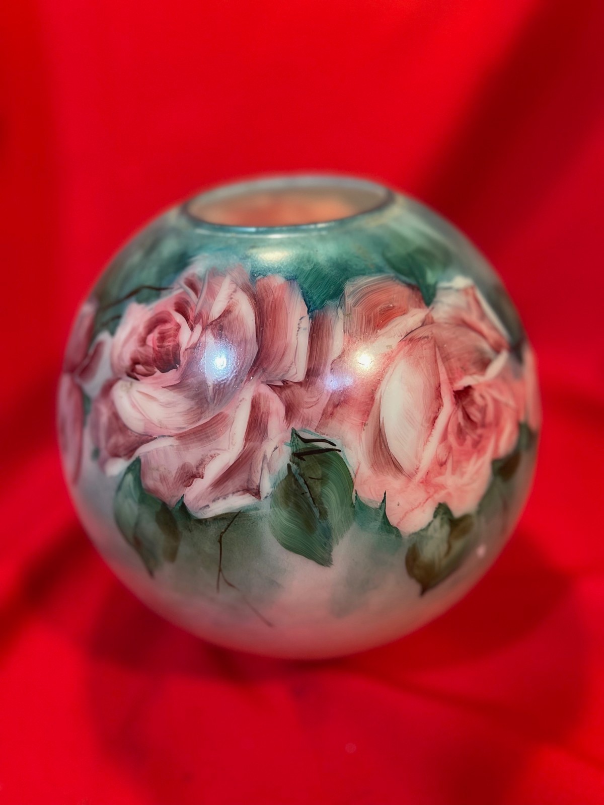 Antique Hand Painted Signed Celine Oil Lamp Globe Floral Pastel Roses Pattern 4"