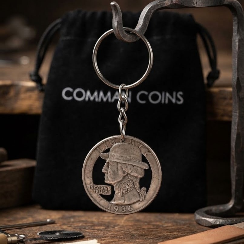 1936 Cut Coin Keychain US Quarter Skull Washington Skeleton Art Custom Challenge
