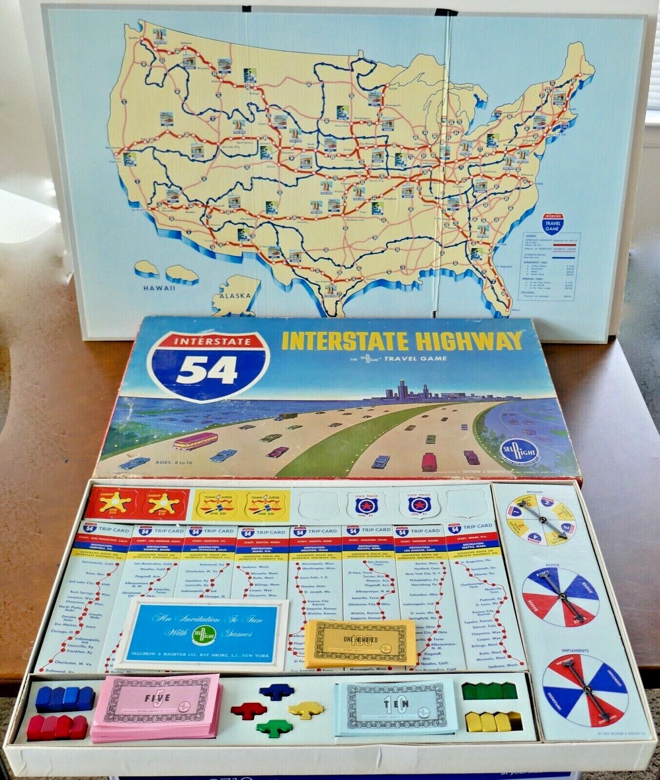 Vintage 1963 INTERSTATE HIGHWAY GAME - SELCHOW & RIGHTER -TRAVEL GAME- COMPLETE
