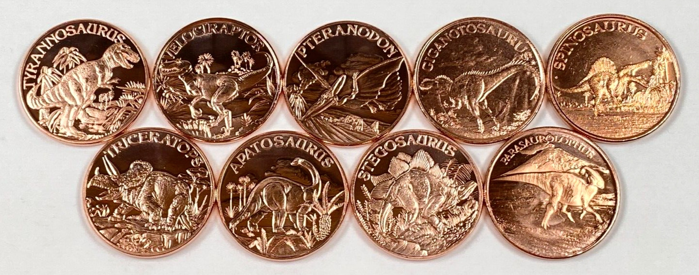 Copper Coins * Nine Piece Dinosaur Collector Set * Fine .999 Bullion Rounds