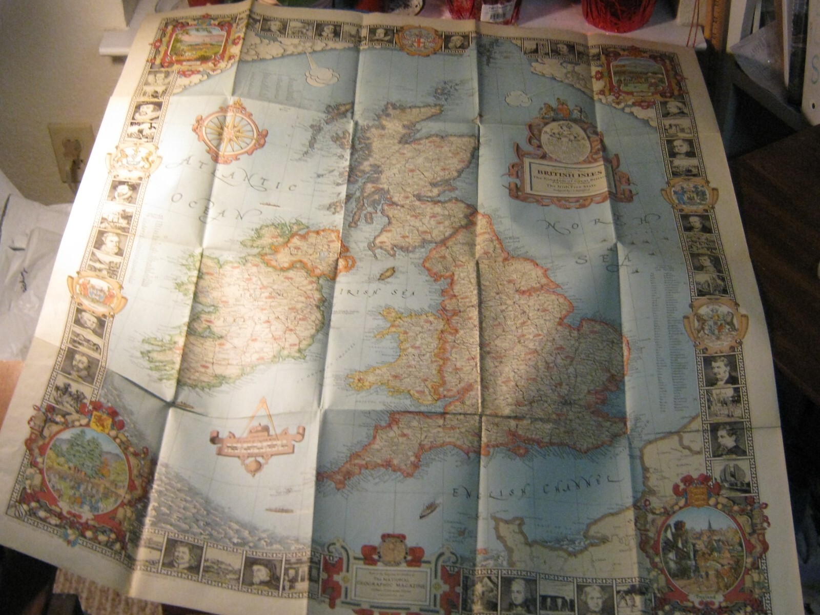 ANTIQUE MODERN PILGRIM'S MAP OF THE BRITISH ISLES June 1937 National Geographic ANTIQUE MODERN PILGRIM'S MAP OF THE BRITISH ISLES June 1937 National Geographic