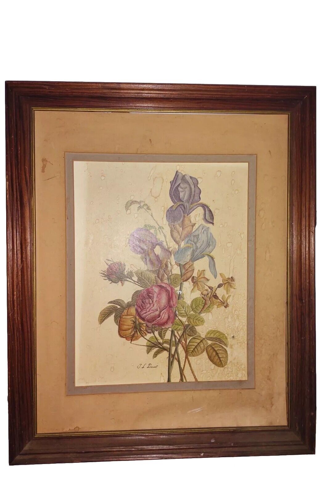 J.L. PREVOST French Art FLOWERS Blue Pink Purple Tan Brown Jean Louis Framed Vtg