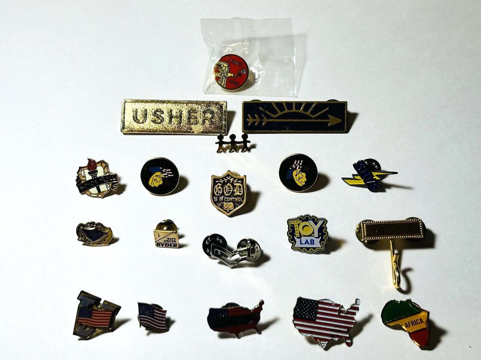 Pin Lot of 19 Pieces ~ Flags ~ Ushers ~ Honor Roll ~ Arrow & more Vintage