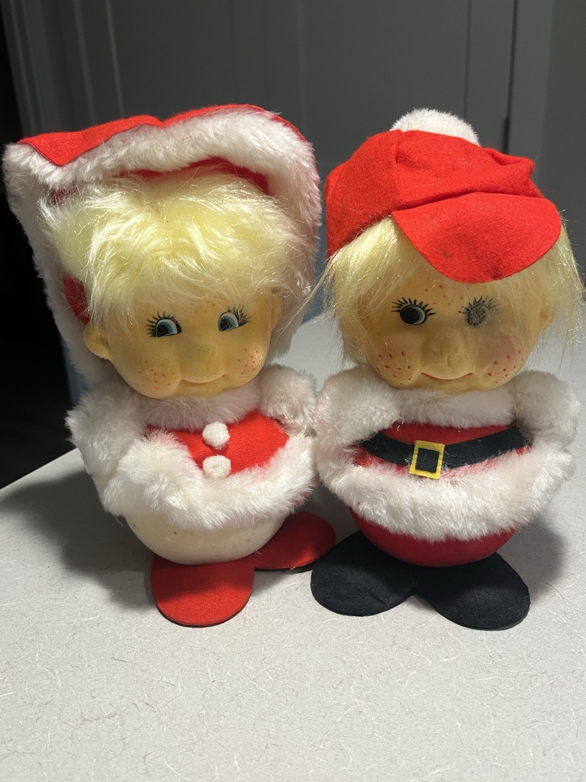 Vtg 60s Boy Girl Santa Claus Flocked Styrofoam Dolls Christmas Roly Poly Japan