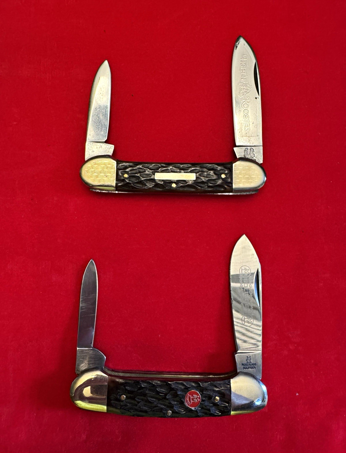 Fight N Rooster & Kissing Crane Canoe Pocketknife Bone Handle Fight N Rooster & Kissing Crane Canoe Pocketknife Bone Handle