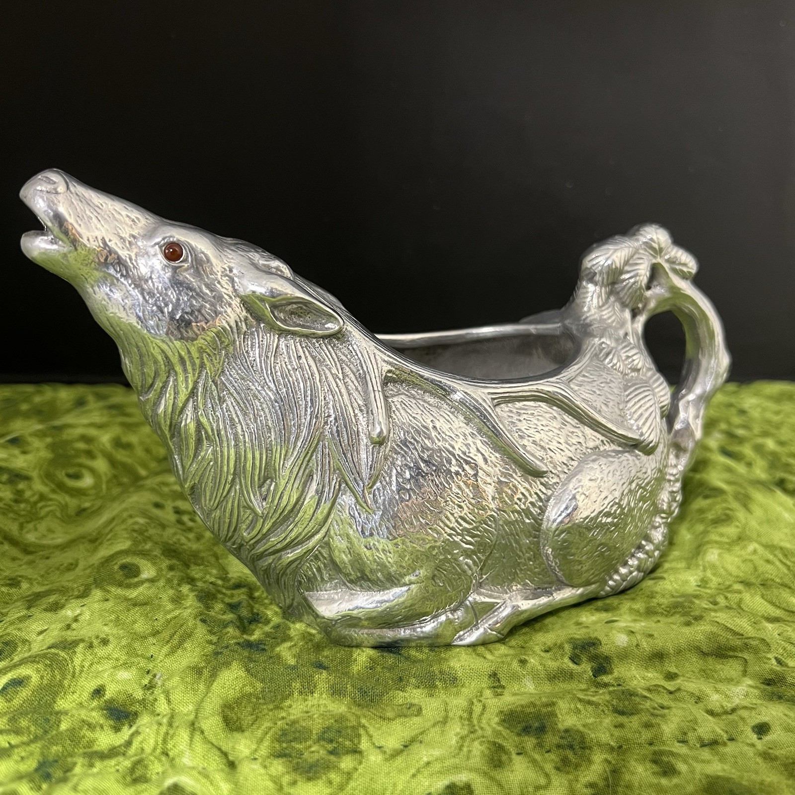 *RARE* ARTHUR COURT Aluminum Deer Stag Elk Red Carnelian Eye Gravy Boat VTG