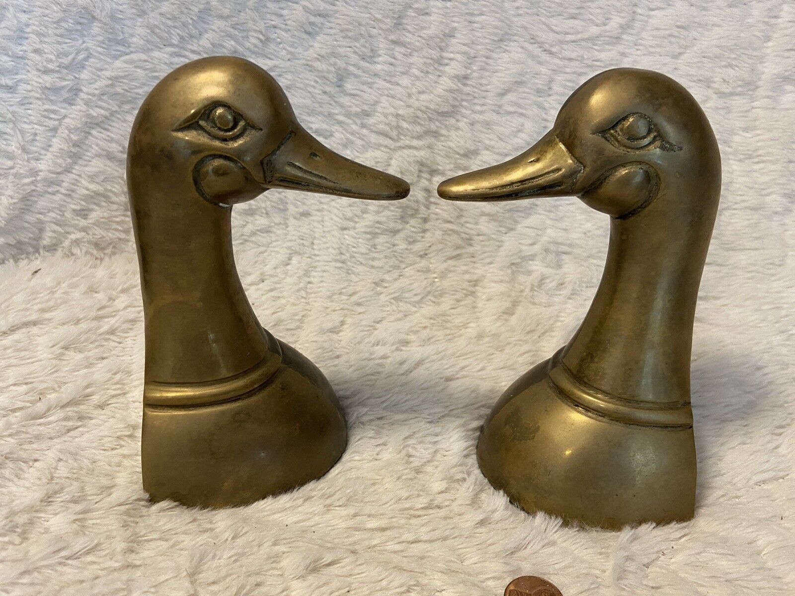 Vintage Pair Of Heavy Brass Golden Mallard Duck Head Bookends Goose Geese 6.5”