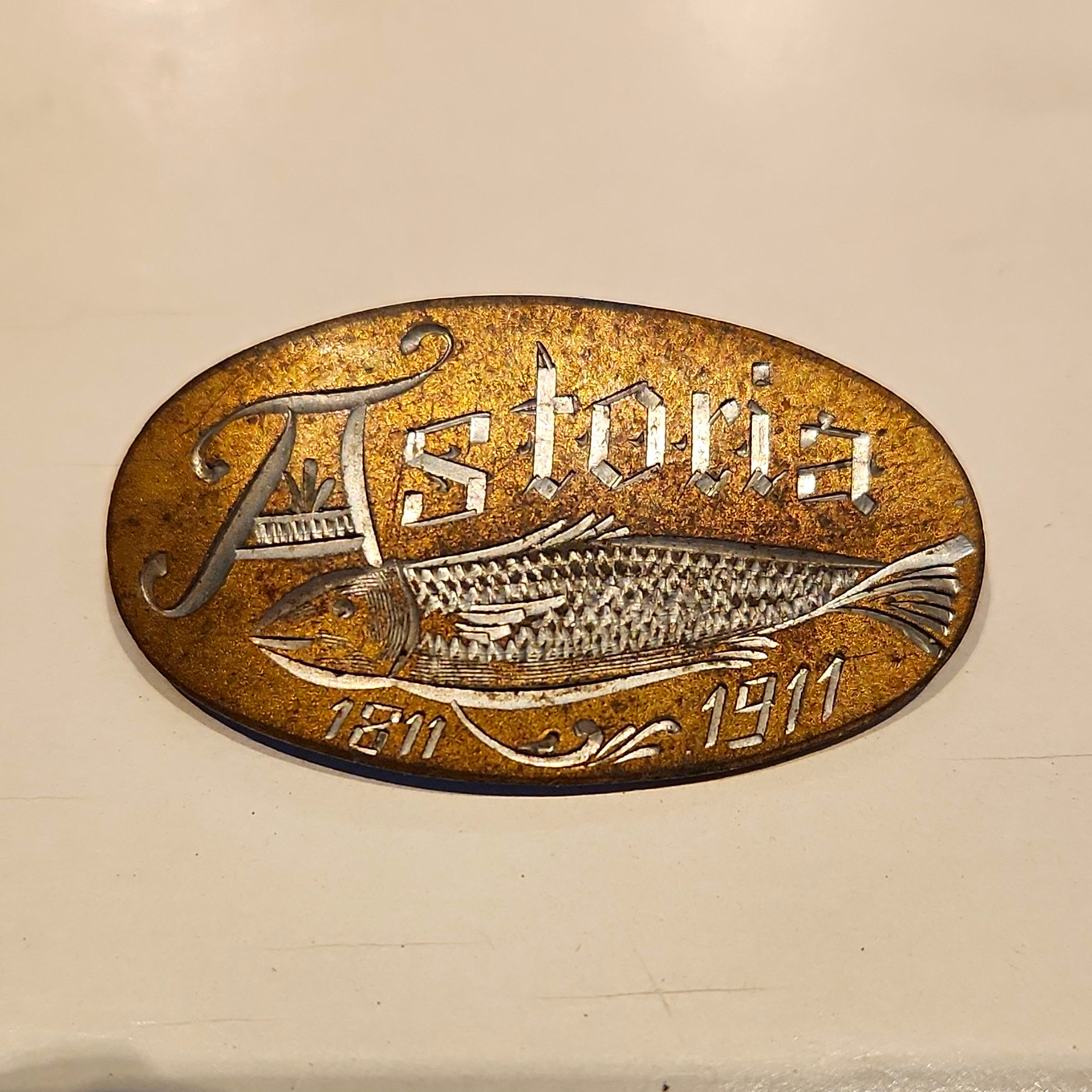 1911 Astoria Oregon Centennial Souvenir Pin Badge Broken Back Repair 1811-1911 1911 Astoria Oregon Centennial Souvenir Pin Badge Broken Back Repair 1811-1911