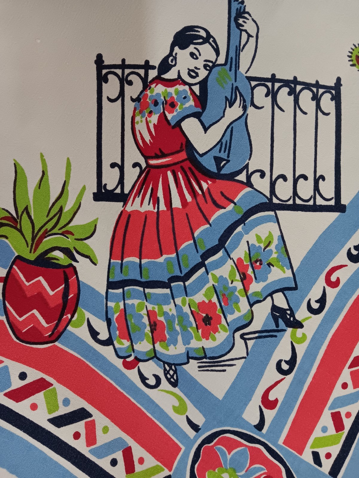 vintage mexican tablecloth Adorable Senorita guitar, bullfighter Pottery Serape