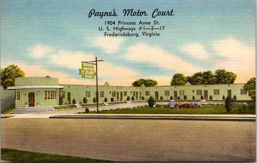 Fredericksburg, VA Virginia Paynes Motor Court Vintage Advertising Postcard