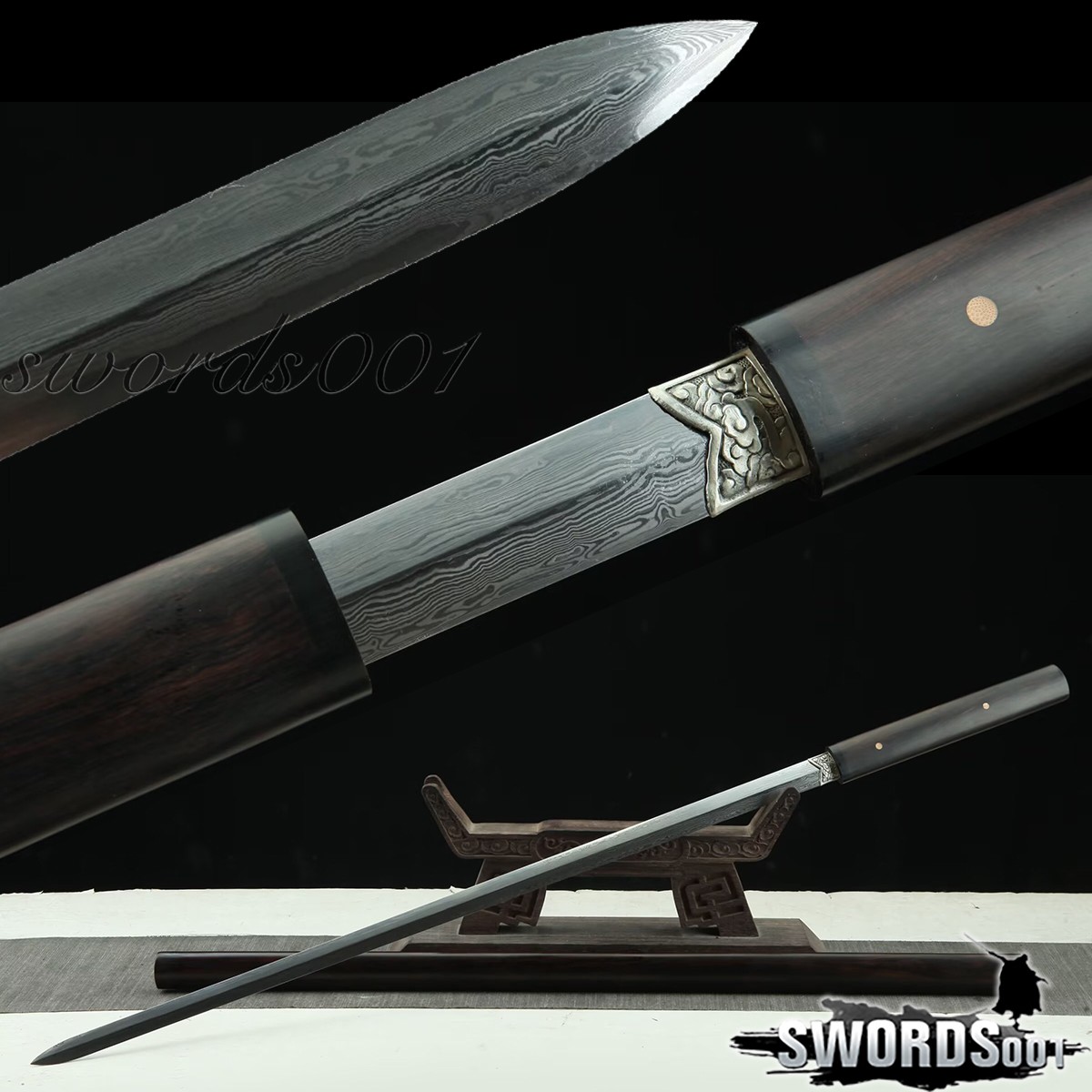 38’’ Chinese Sword Jian Low-meteorite Damascus Steel Blade Ebony Handle Scabbard 38’’ Chinese Sword Jian Low-meteorite Damascus Steel Blade Ebony Handle Scabbard