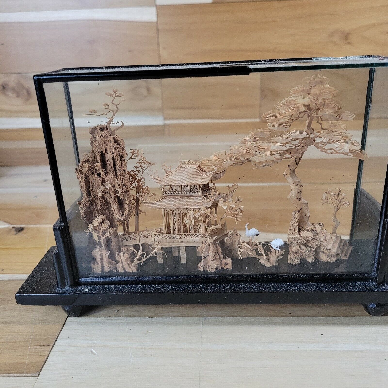 Vintage MCM 3D Cork Sculpture Cloche San You Diorama Display Chinese Cranes READ