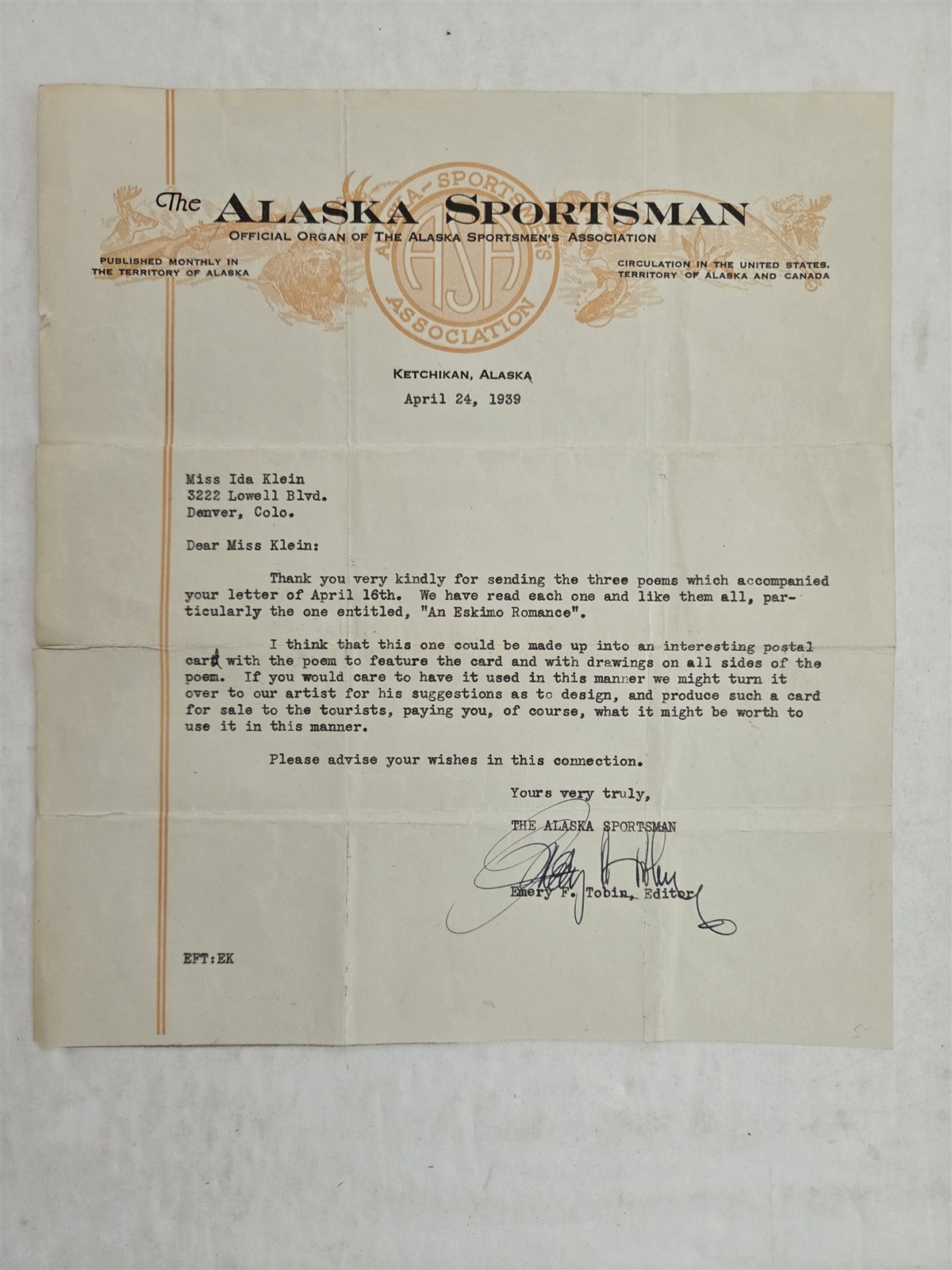 1939 antique ALASKA SPORTSMAN ketchikan ak EMERSON F TOBIN signed letterhead